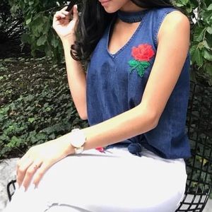 Denim shirt with flowers embroidered